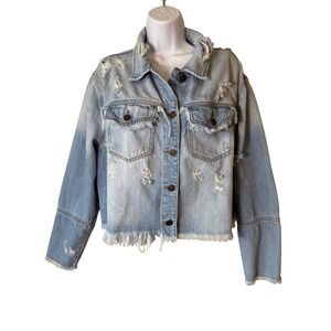 Cello Denim Jacket Women 1X Distressed Frayed Hem Crop Light‎ Blue Jean Festival